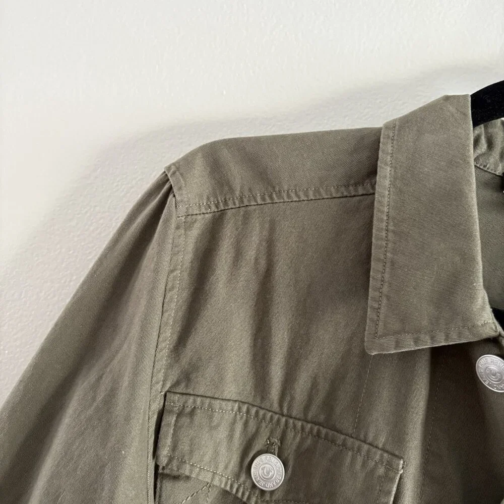 True Religion Men S Olive Green Casual Button Front Buddha Logo Military Jacket